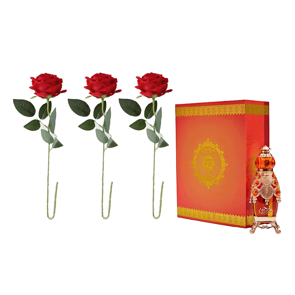 باكج عطر رازجي من الشرقية مركز للنساء أصلي 25 مل مع 3 ورود صناعية حمراء