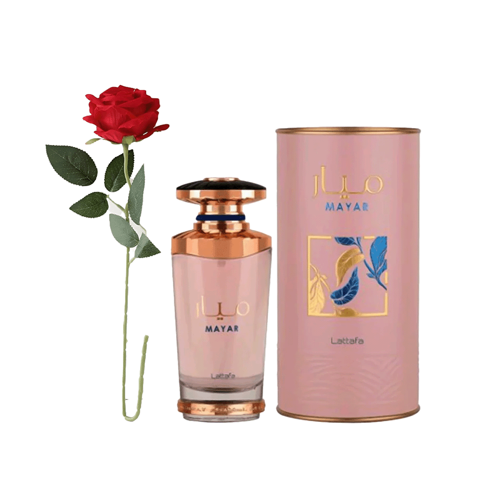 باكج عطر ميار من لطافة أو دي بارفان للنساء أصلي 100 مل مع ورده صناعية حمراء ببتلات مخملية
