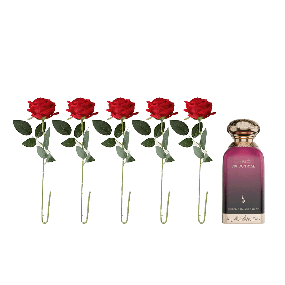 باكج عطر دخون روز من دخون الإماراتية أو دي برفيوم للنساء 100 مل مع 5 ورود صناعية حمراء