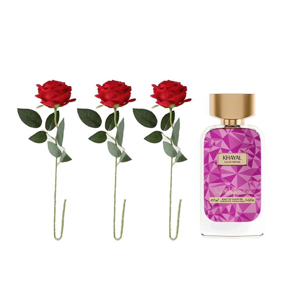 باكج عطر خيال من دخون الإماراتية أو دي برفيوم للنساء 100 مل مع 3 ورود صناعية حمراء