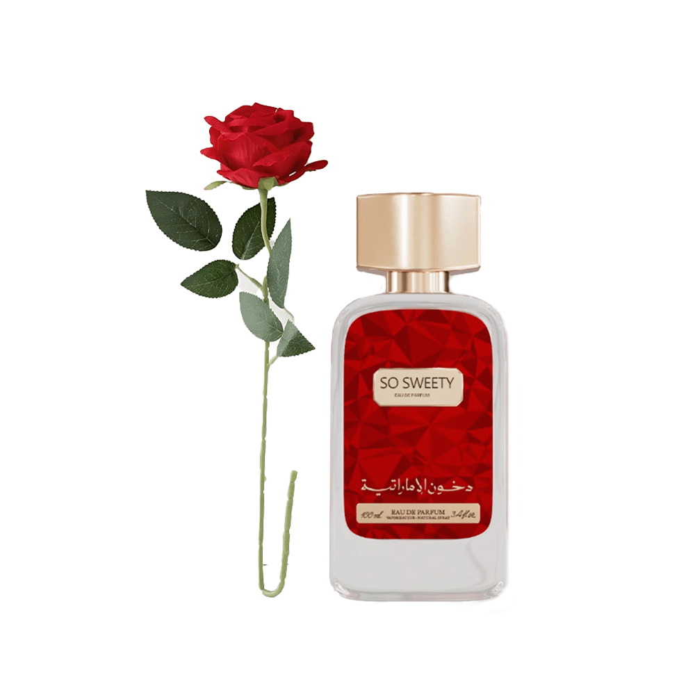 باكج عطر سو سويتي من دخون الإماراتية أو دي برفيوم للنساء 100 مل مع ورده صناعية حمراء ببتلات مخملية
