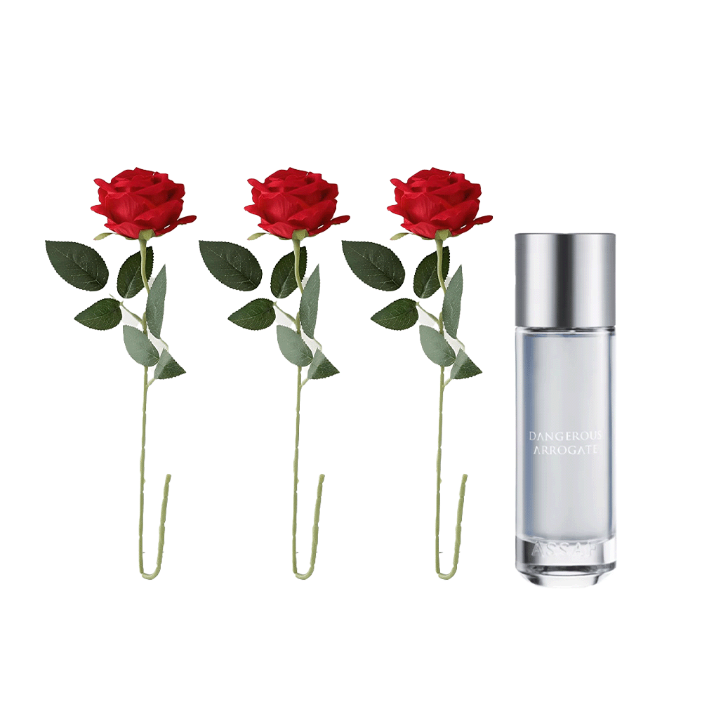 باكج عطر الخطير اروقيت من عساف للجنسين 200 مل مع 3 ورود صناعية حمراء 
