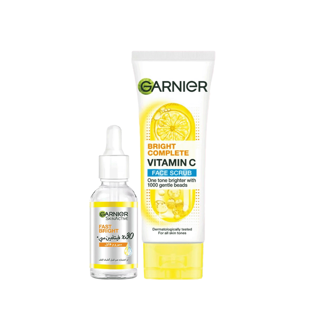 باكج سيروم فاست برايت بخلاصة الفيتامين سي مع مقشر برايت كومبليت للوجه من غارنيه
