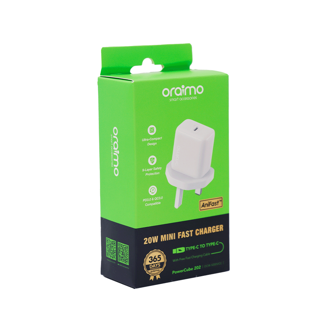 شاحن أورايمو مع كابل شحن تايب سي إلى تايب سي بقوة 20 وات وقدرة 2.4 أمبير موديل OCW‑5202UCC - أبيض
