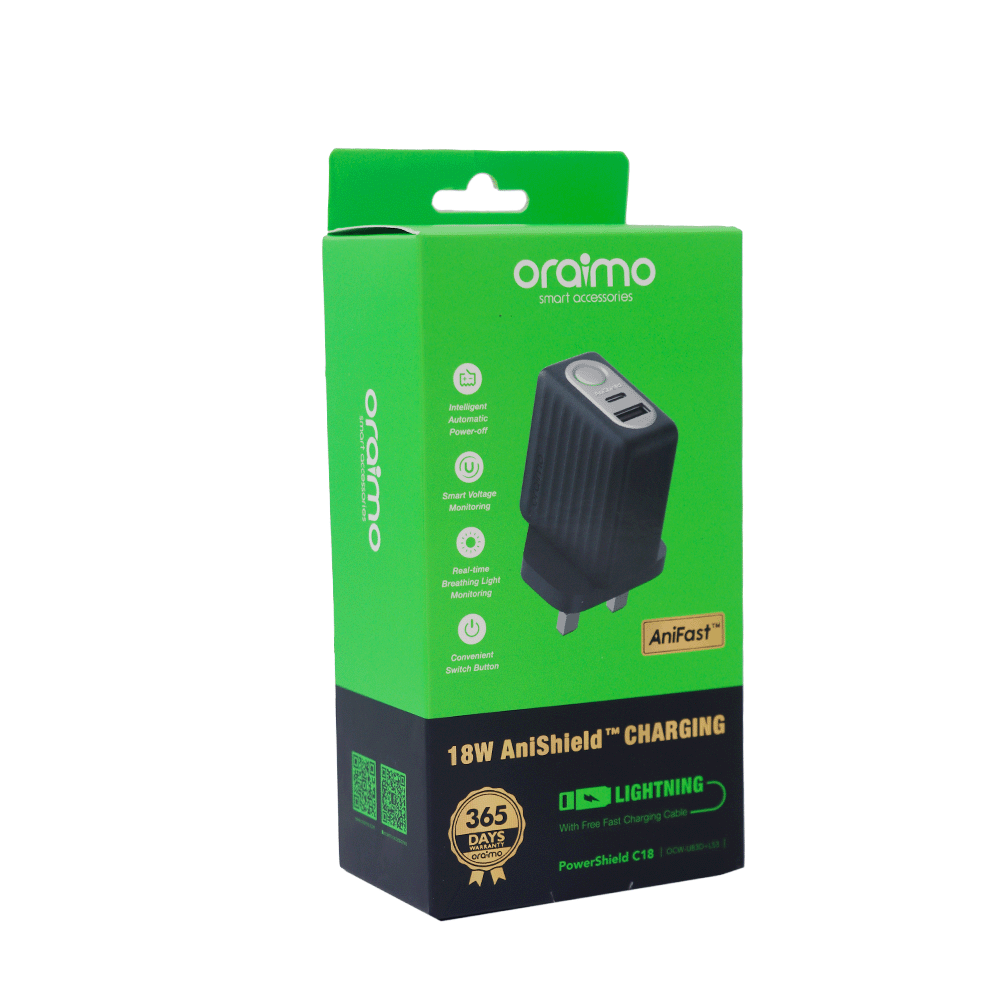 رأس شاحن من أورايمو بقوة 18 وات وجهد 5 فولت بمنفذين موديل OCW-U83D+L53 - أسود