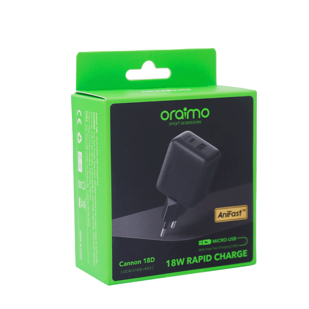 رأس شاحن من أورايمو بقوة 18 وات و منفذين يو إس بي موديل OCW-5183E+M53 - أسود