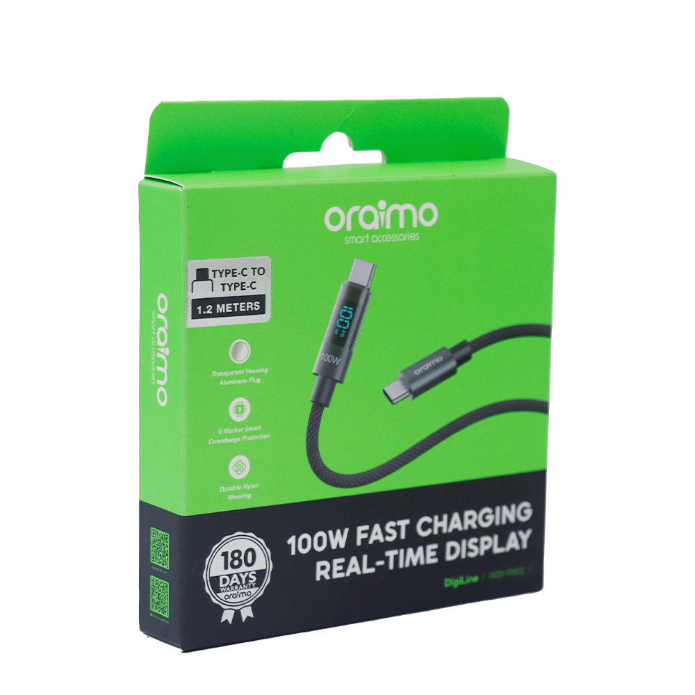 كابل شحن من أورايمو تايب سي إلى تايب سي و شحن سريع بقوة 100 وات و طول 1.2 متر بشاشة رقمية موديل OCD-175CC - أسود