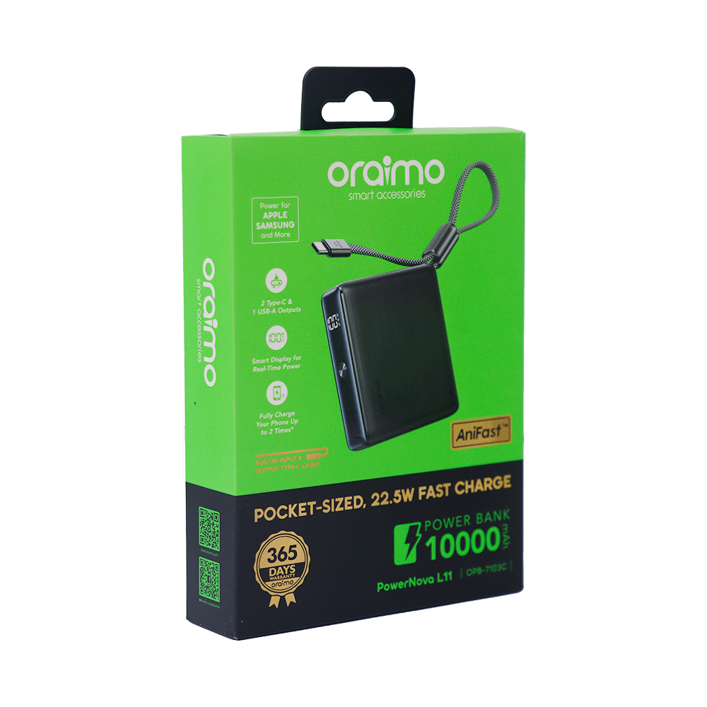 باور بانك أورايمو بشاشة رقمية وسلك تايب سي قماشي سعة 10000 ملي أمبير وقوة 22.5 وات موديل OPB-7103C - أسود

