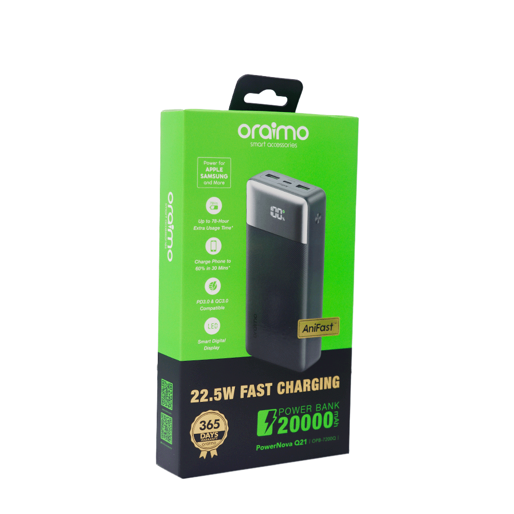 باور بنك أورايمو بسعة 20000 ملي أمبير و شحن سريع بقوة 22.5 وات وشاشة رقمية موديل OPB‑7200Q - أسود
