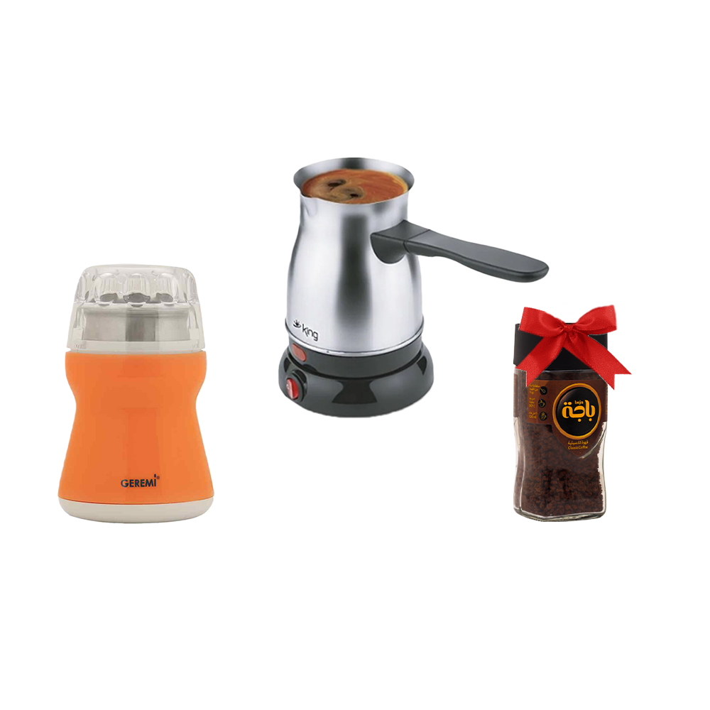 باكج عشاق القهوة مكون من جهاز صنع القهوة  كنج ومطحنة قهوة توابل جيرمي وهدية مجانية قهوة باجة الكلاسيكية محمصة بعناية - 50 جم