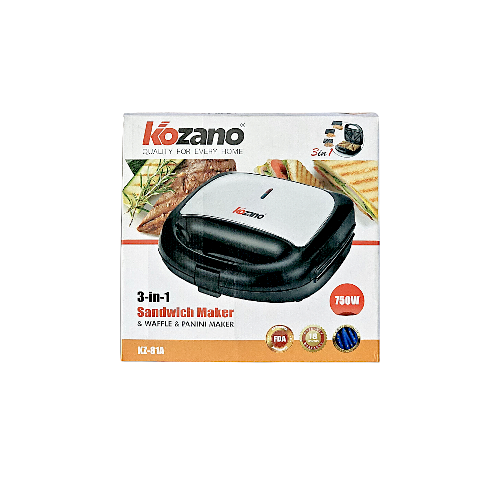 كوزانو صانع الساندوتش و الوافل الكهربائي 3في1 بقوة 750 وات موديل KZ-81A - أسود