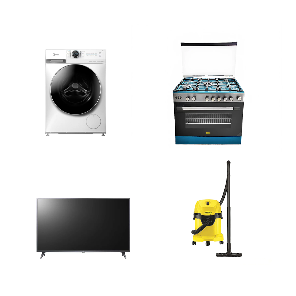 باكج ميديا غسالة ملابس أوتماتيك فتحة أمامية سعة 10 كجم + ميديا فرن غاز 5 عيون + إل جي تلفزيون ذكي مقاس 50 بوصة + كارشر مكنسة كهربائية كنس وشفط و نفخ سعة 17 لتر