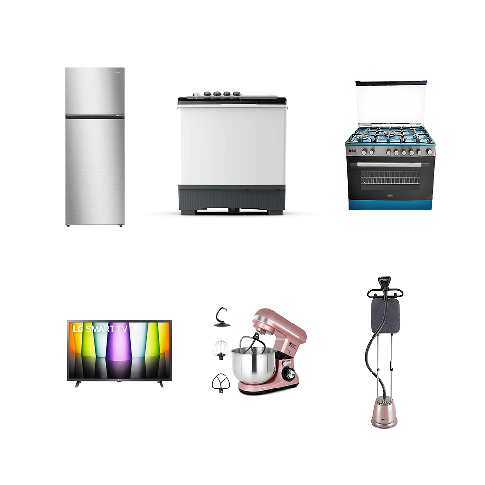 باكج ميديا غسالة 10 كجم +إل جي تلفزيون ذكي 32 بوصة +ميديا ثلاجة كهربائية بخار سعة 306 لتر +جيرمي عجانة سعة 7 لتر +سوكاني كاوية بخار +ميديا فرن غاز5عيون