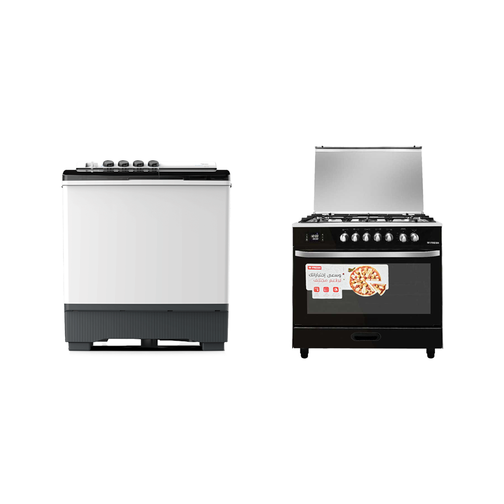 باكج فريش طباخة غاز استيل 5 شعل مقاس 60x90 سم أسود + ميديا غسالة كهربائية بحوضين سعة 10 كجم أبيض