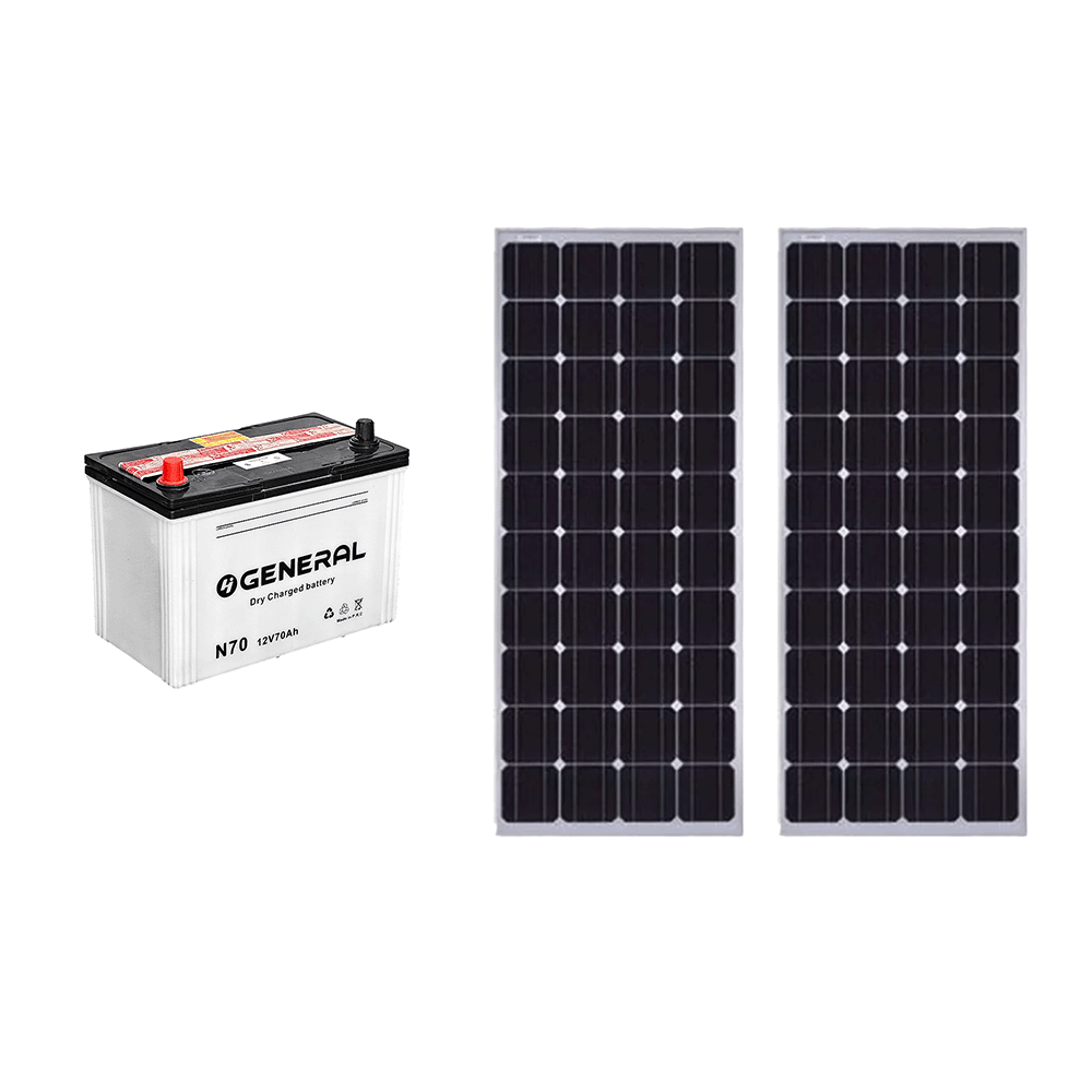 باكج جنرال بطارية أسيد 70 أمبير و جهد 12 فولت مع كوبكس 2 الواح شمسية بقوة 170 واط