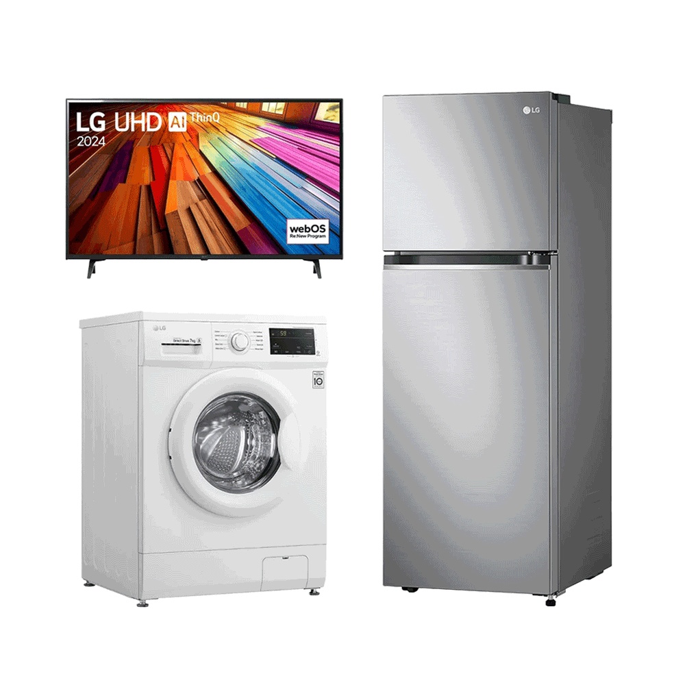 باكج غسالة إل جي أوتماتيك تحميل امامي 7 كجم موديل FH2J3QDNP0 + تلفزيون إل جي مقاس 55 بوصة قوة 85 وات موديل  55UT80006LA إصدار 2024 + ثلاجة كهربائية إل جي سعة 350 لتر مع فريزر علوي قوة 50 وات موديل GR-B355PLMB
