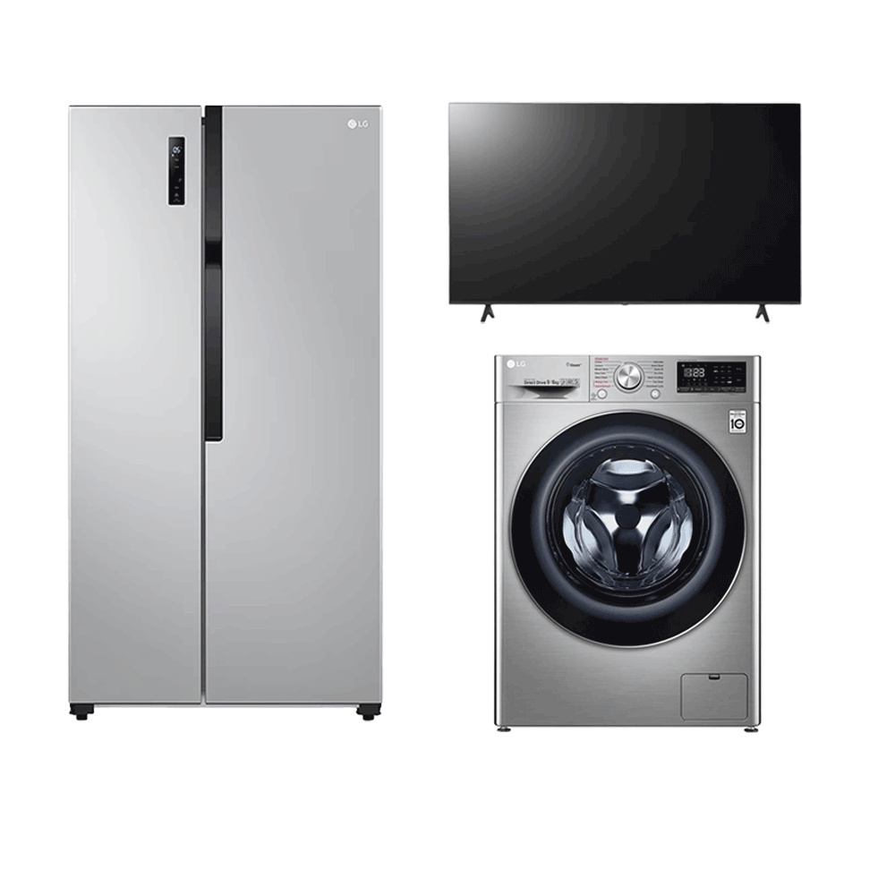 باكج ثلاجة كهربائية إل جي بابين سعة 509 لتر قوة 185 وات موديل GRFB587PQAM + غسالة إل جي أوتماتيك تحميل امامي 9 كجم مع مجفف 6 كجم موديل F4V5VGP2T + تلفزيون إل جي سمارت مقاس 65 بوصة قوة 190 وات موديل 65UR78006LL 