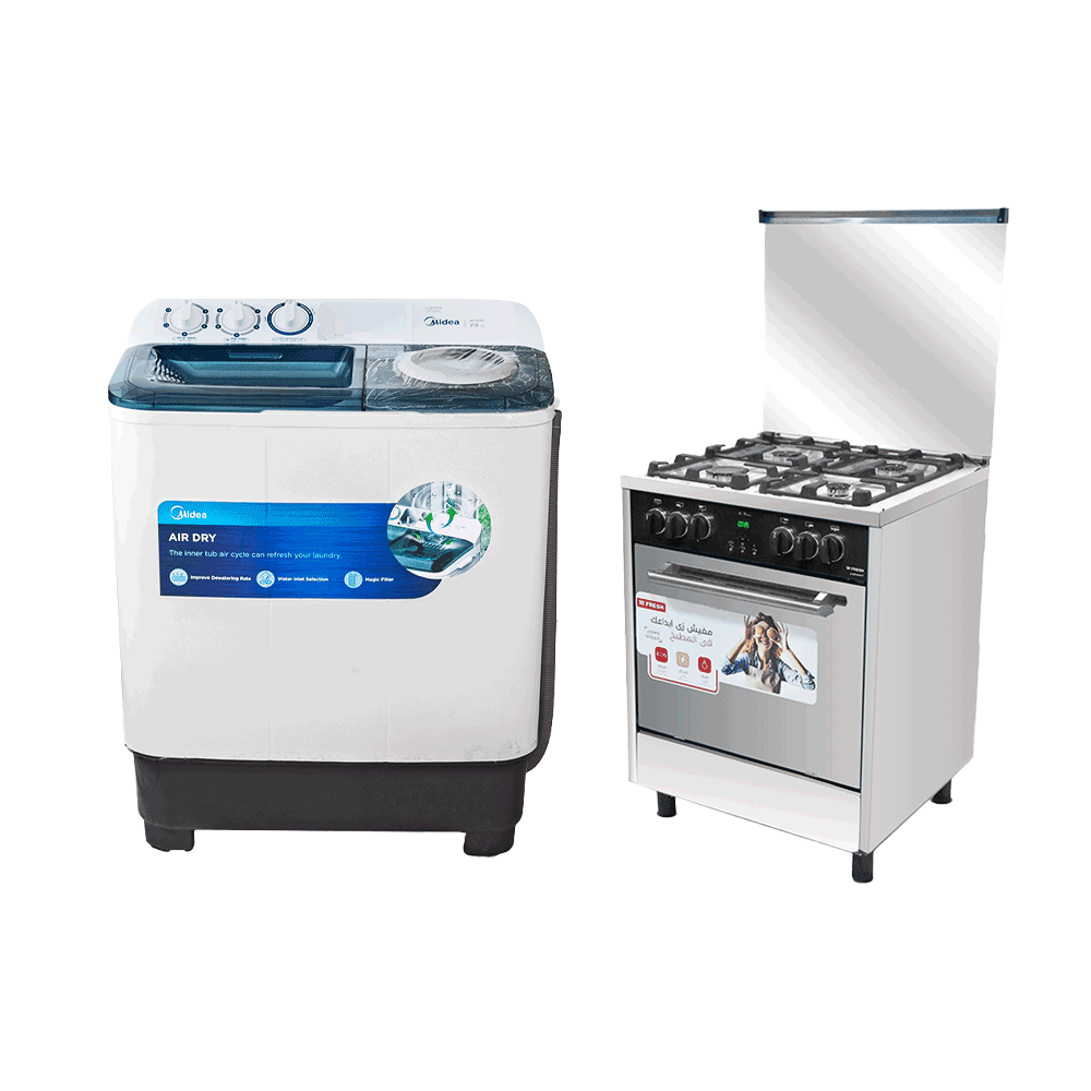 باكج طباخة غاز من فريش بأربعة عيون مع غسالة كهربائية ميديا بحوضين سعة 7 كجم