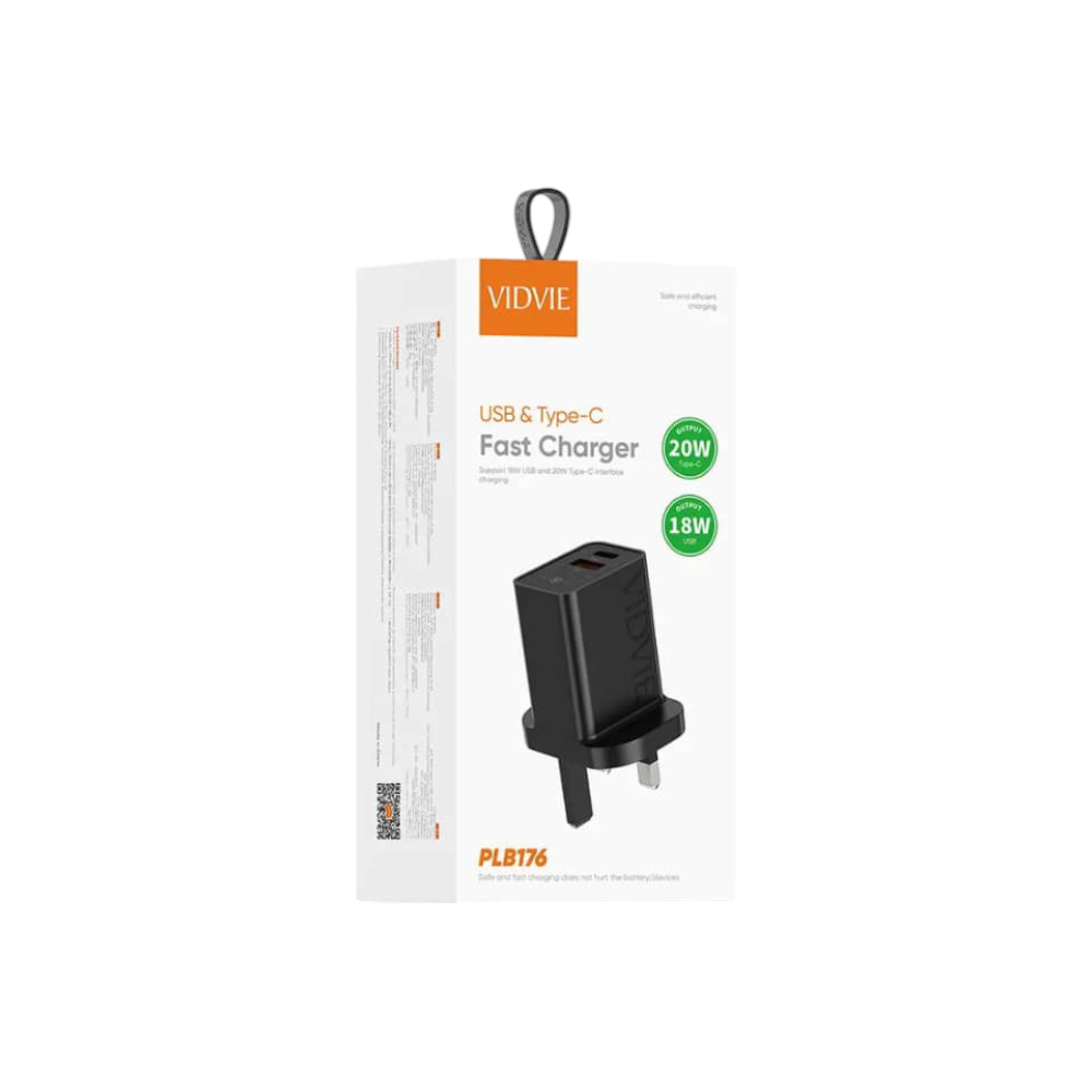 شاحن جداري VIDVIE PLB176 بقوة 20 واط ومنفذين (Type-C + USB) - شحن سريع وآمن
