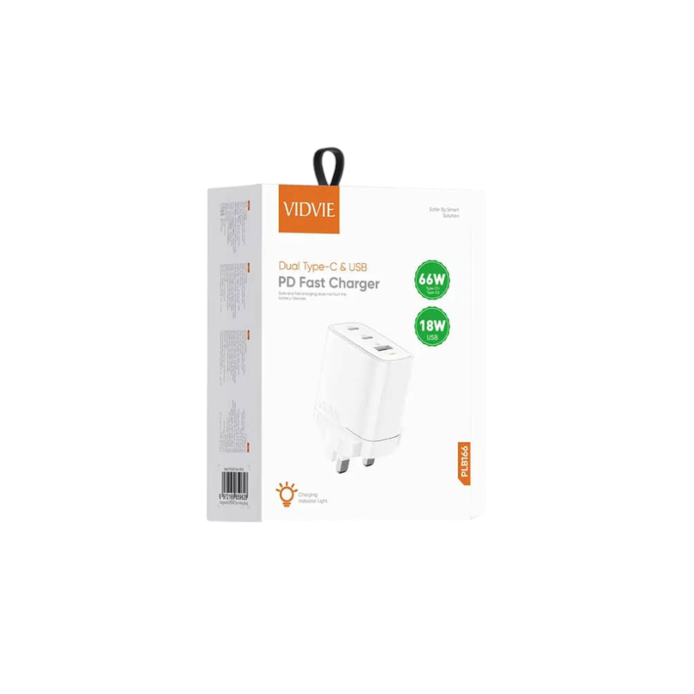 شاحن جداري VIDVIE PLB166 سريع بقوة 66W - ثلاث منافذ (2 Type-C + USB) - أبيض