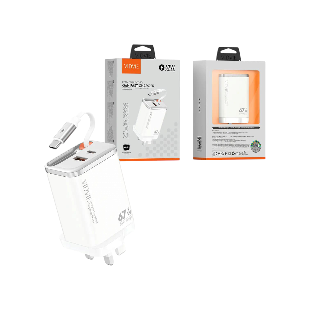 شاحن VIDVIE GaN بقوة 67W مع كابل مدمج ومنفذين (Type-C + USB)