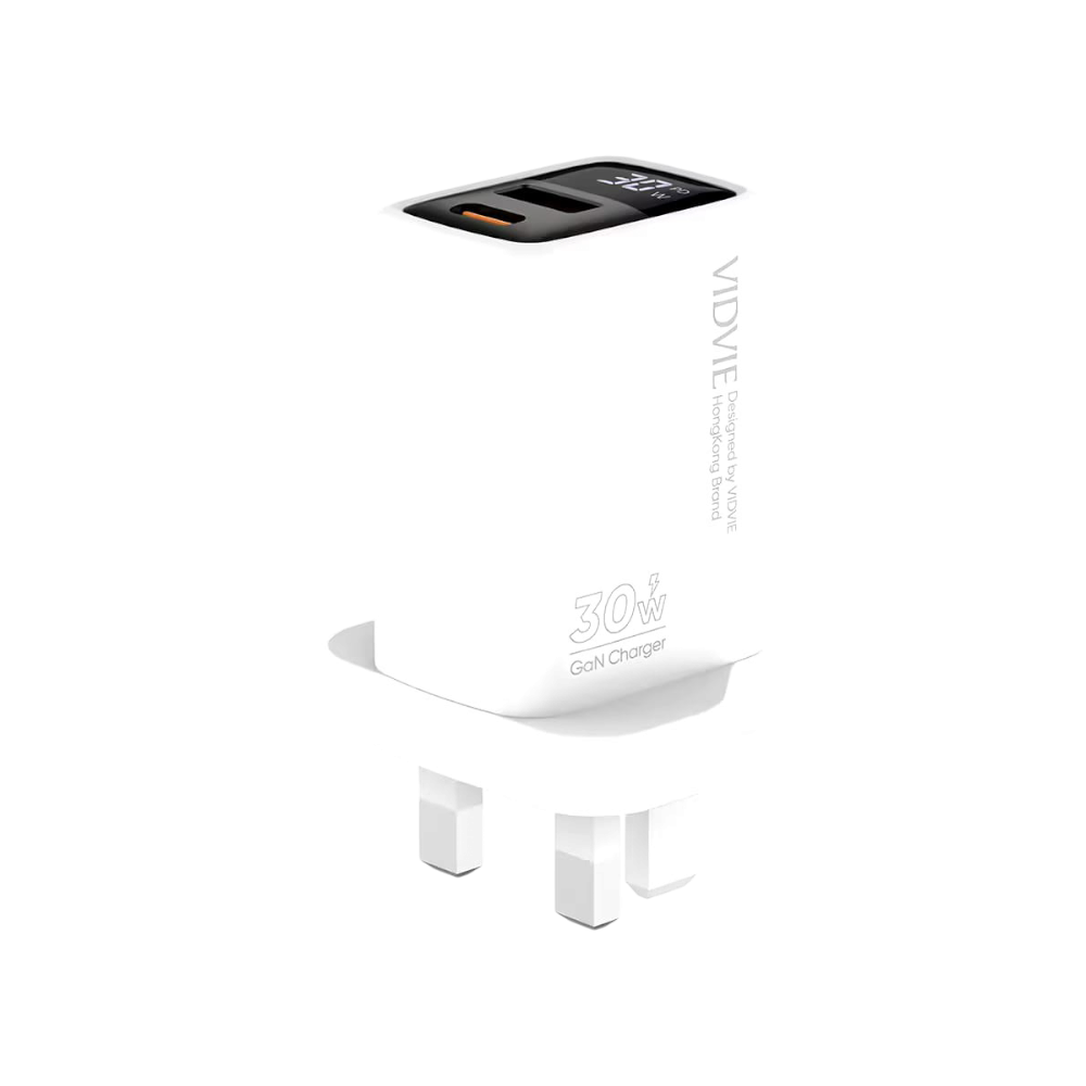 شاحن جداري VIDVIE بقوة 30 واط - منفذين USB + Type-C بتقنية GaN مع شاشة رقمية