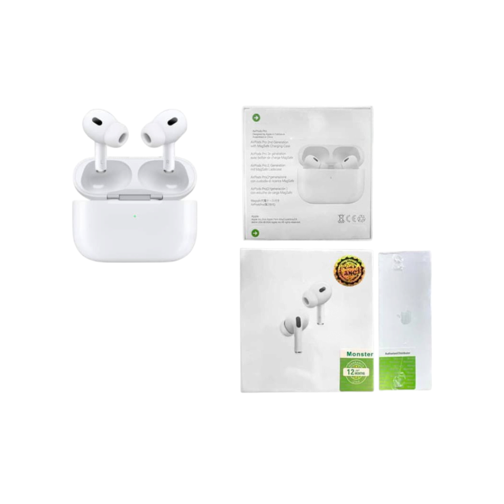 سماعات Apple AirPods Pro (الجيل الثاني) مع علبة شحن MagSafe – ضمان Monster لمدة 12 شهرًا