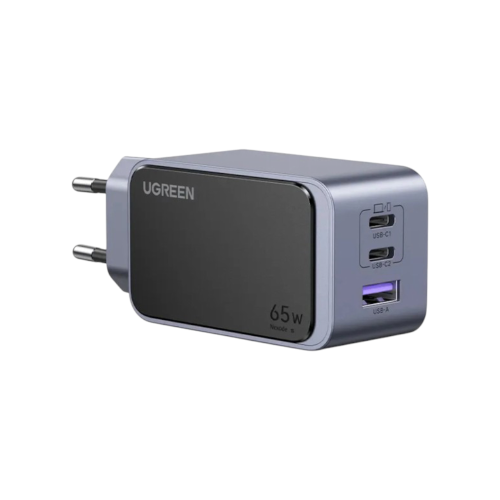 شاحن يوغرين نكسود بقوة 65 واط بـ 3 منافذ (USB-C1/C2 + USB-A) بتقنية GaN Fast - رمادي داكن