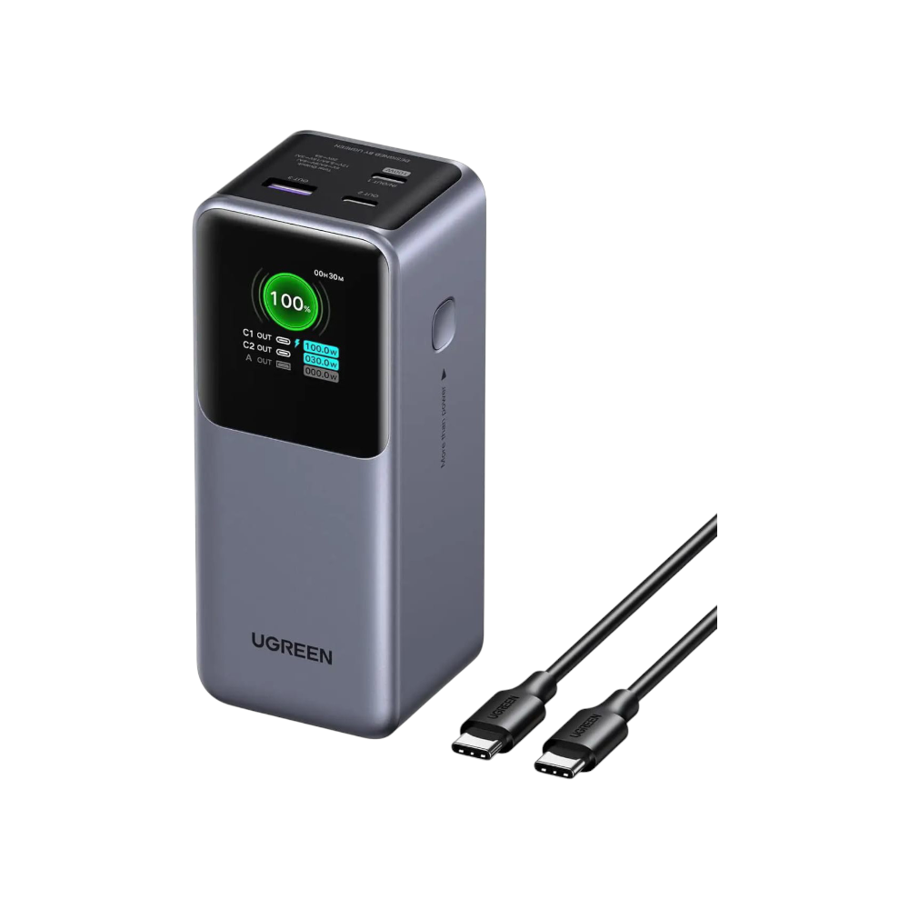 باور بانك UGREEN بقوة 100 واط مع شاشة TFT ذكية - سعة 12000mAh بـ 3 منافذ شحن سريع (2 USB-C + 1 USB-A)