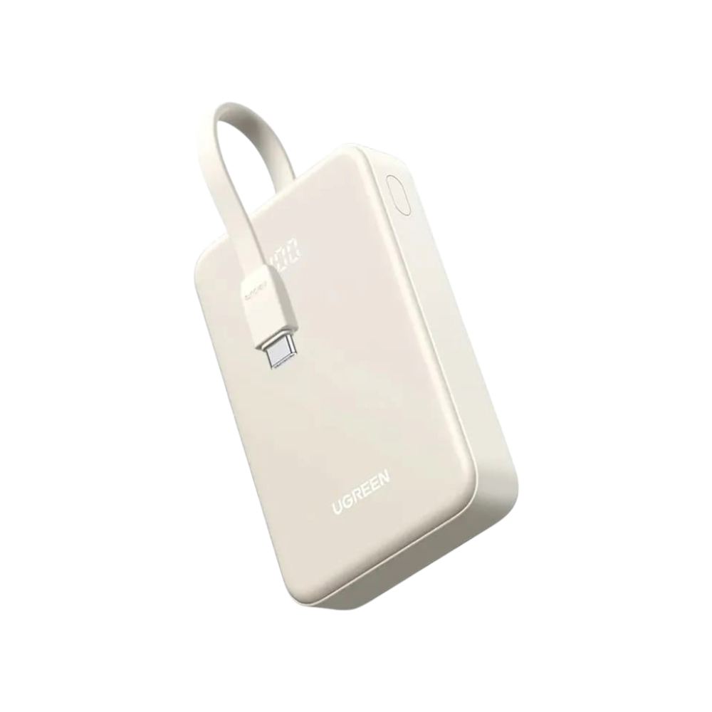 باور بانك يوجرين (UGREEN) بسعة 10,000 مللي أمبير مع كيبل USB-C مدمج وشاشة رقمية - لون كريمي