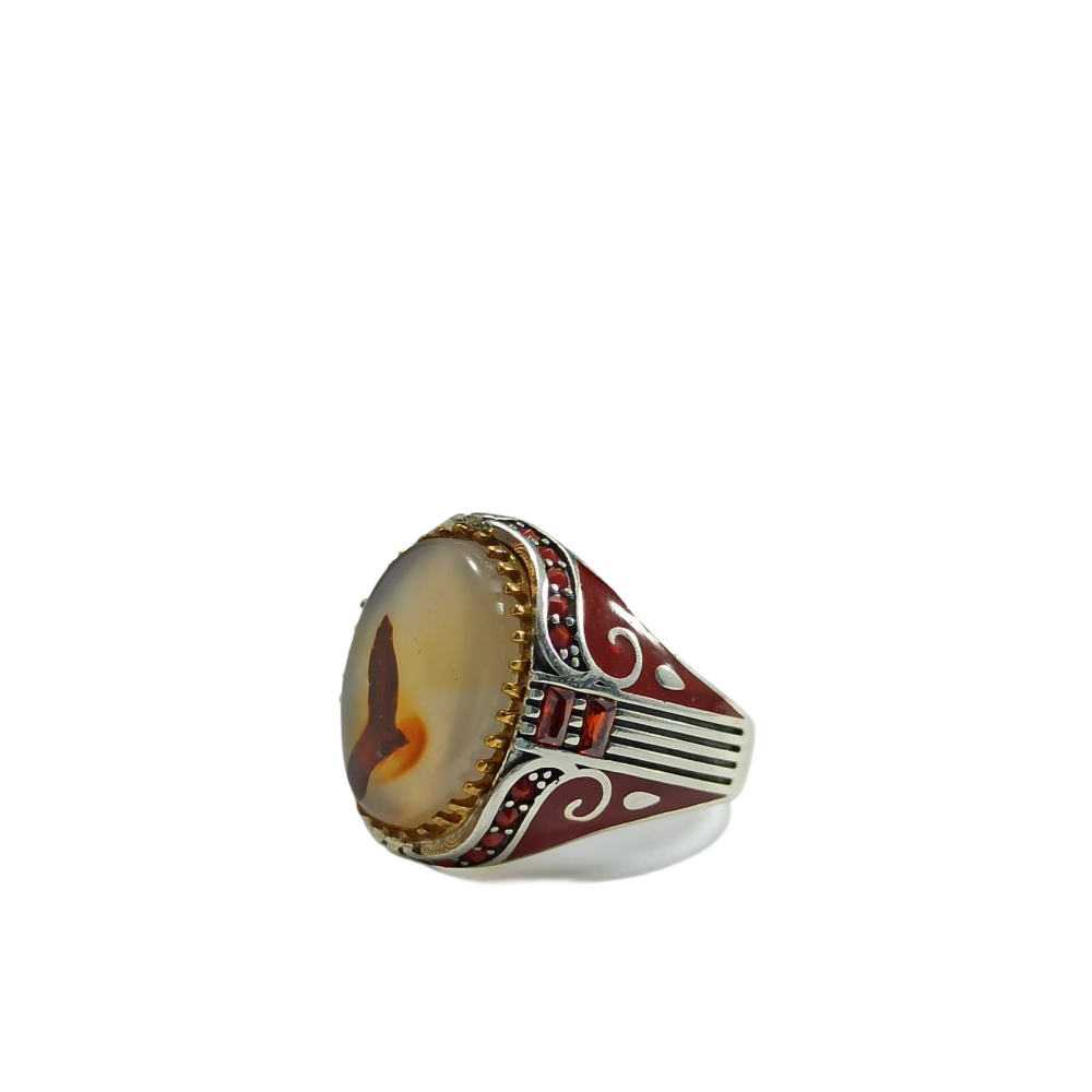 خاتم فضة عيار 925 مع حجر مزهر عقيق يماني