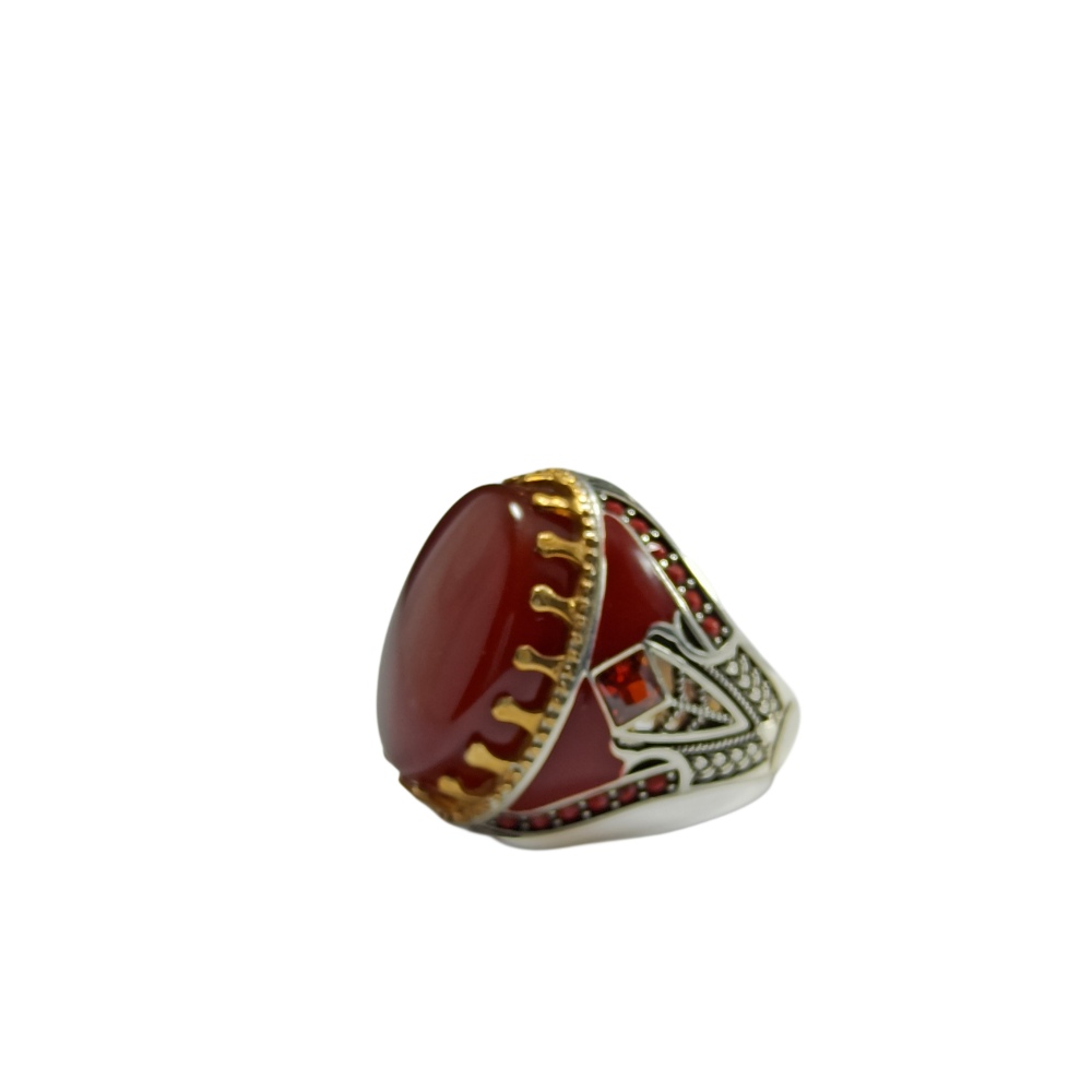 خاتم فضة عيار 925 مع حجر احمر عقيق يماني