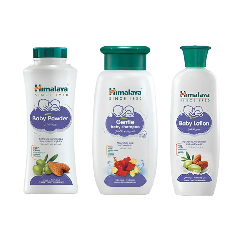 باكج هملايا شامبو أطفال 400 مل + لوشن أطفال  200 مل + بودرة أطفال بزيت الزيتون و زيت اللوز - 200 جم