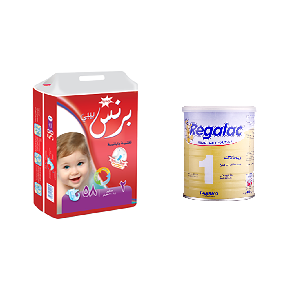 باكج برنس بيبي حفاظات صغير 3،5-7 كيلو 58 حبة + ريجالاك حليب أطفال رقم 1 مدعم بالحديد 400 جم