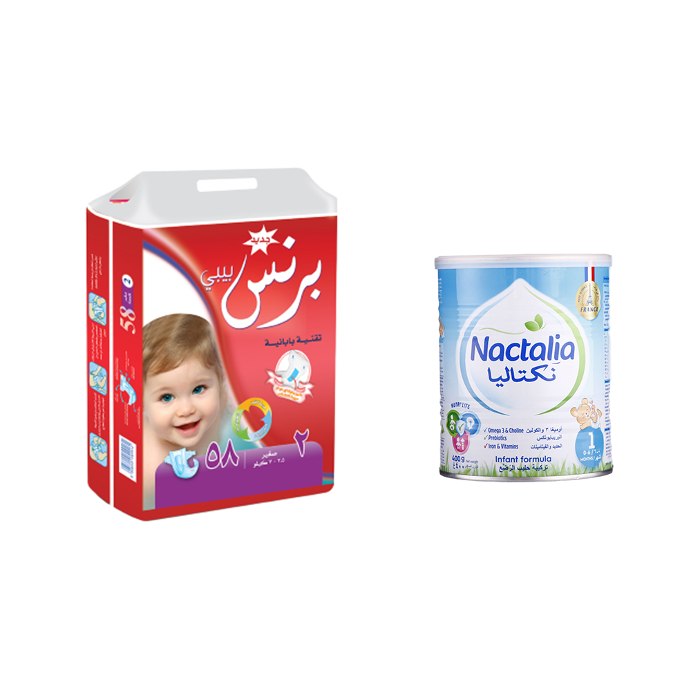 باكج برنس بيبي حفاظات صغير 3،5-7 كيلو 58 حبة + نكتاليا حليب أطفال رقم 1 للرضع 400 جم
