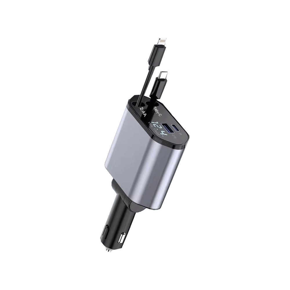 كريزي تري شاحن سيارة سريع 4 في 1 قوة 100 وات ب2 منافذ و 2 كابلات شحن قابلة للسحب - فضي