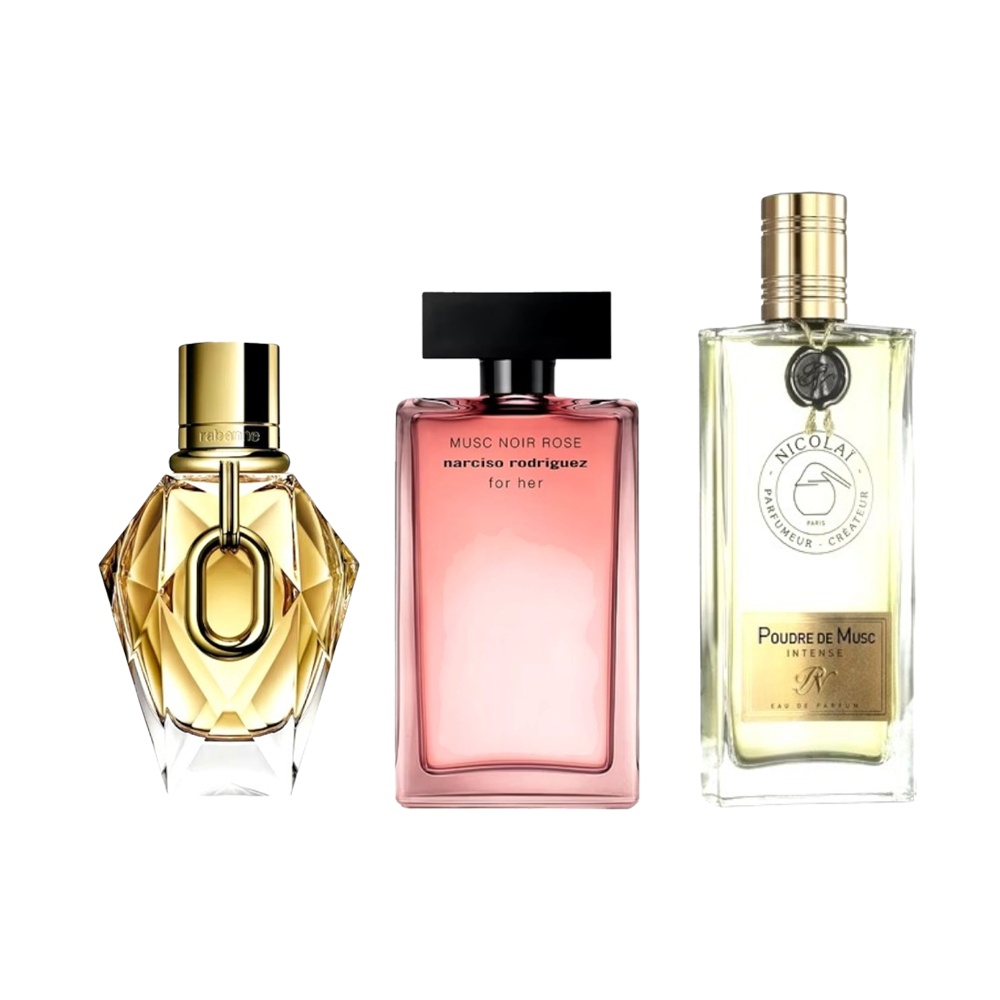 باكج عطور أصلية للنساء عطر نارسيسو رودريغيز مسك نوار روز 100 مل + عطر باكو رابان مليون غولد 90 مل + عطر نيكولاي بودر دي مسك إنتنس 100 مل