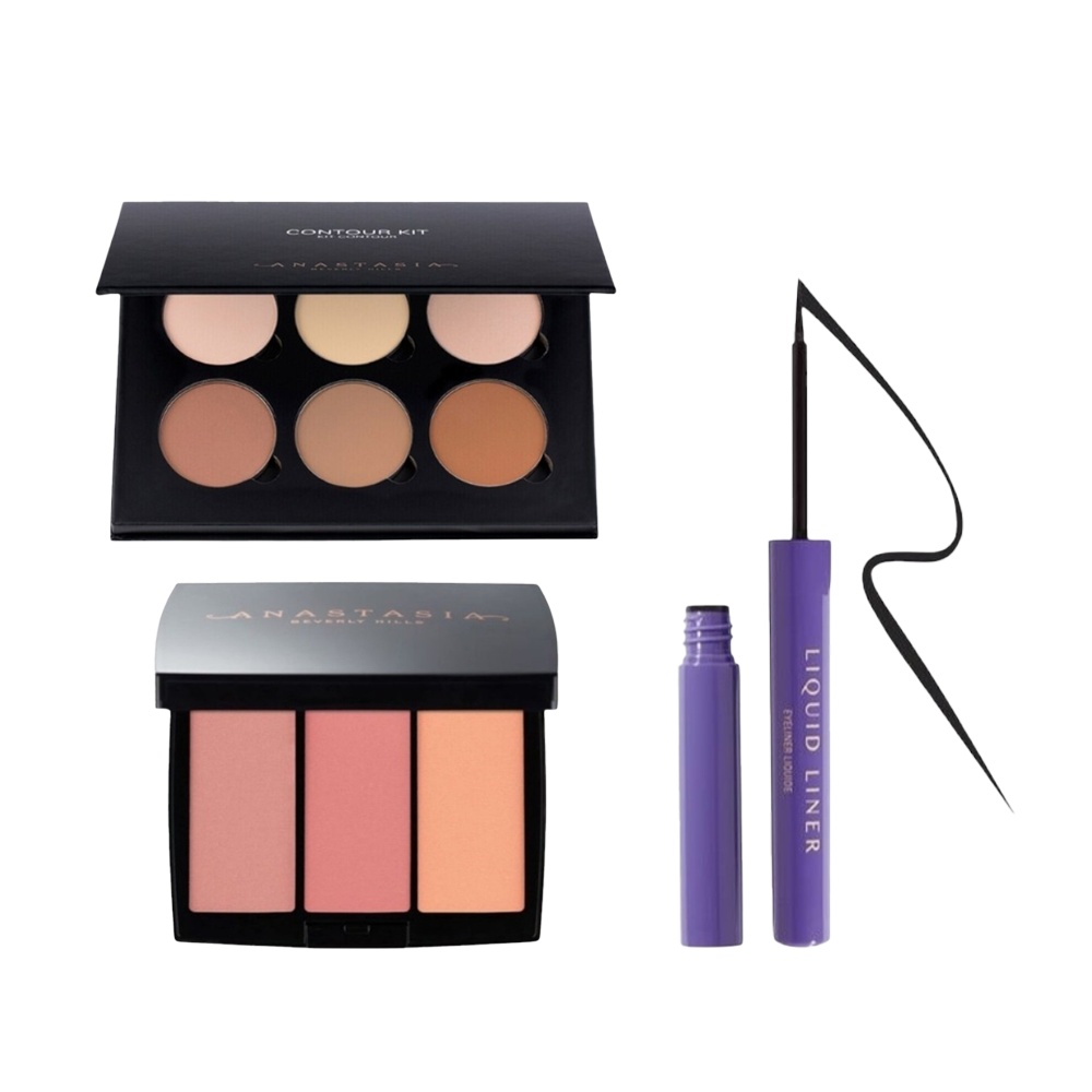 باكج أنستازيا الأصلي لنحت الوجه وتحديد العيون طقم كنتور وجه بودرة + آيلاينر سائل + أحمر خدود بيتشي لوف