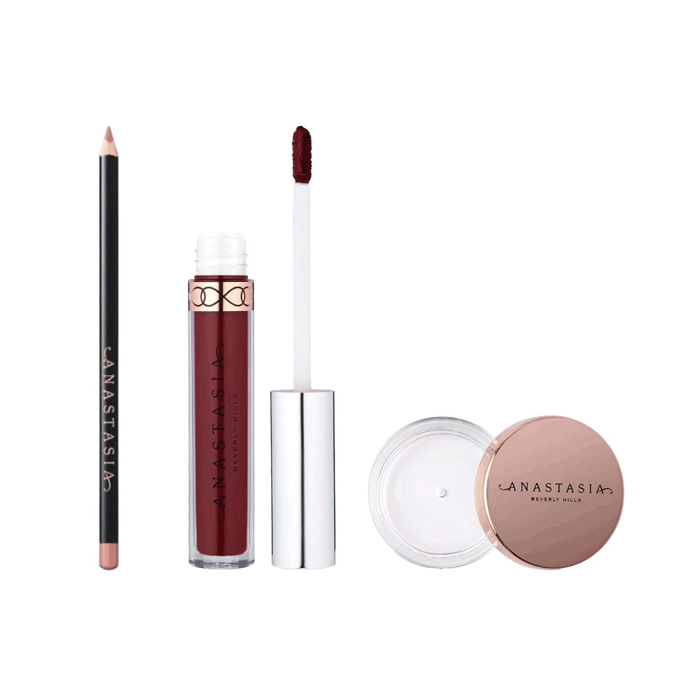 باكج أنستازيا الأصلي لتجميل الشفاه وتثبيت الحواجب أحمر شفاه سائل + جل واكس مثبت حواجب + قلم محدد شفاه خشبي