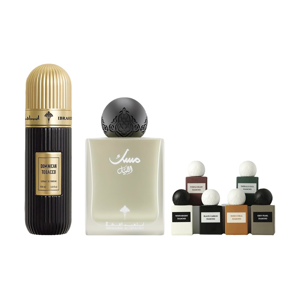 باكج عطور أصلية إبراهيم القرشي للجنسين عطر مسك الليل 75 مل + عطر توباكو دومينيكان 100 مل + طقم ميني دايموندز إبراهيم القرشي 6 حبات