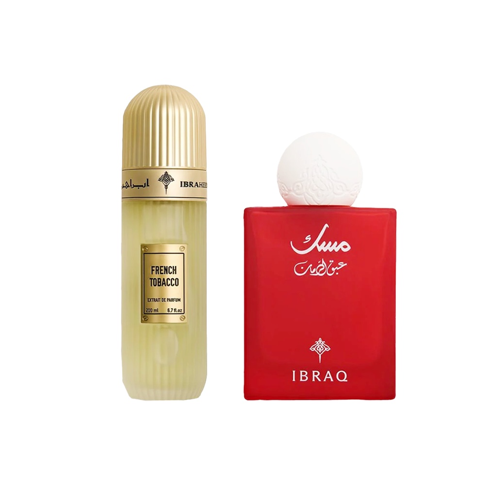 باكج عطور إبراهيم القرشي أصلية فاخرة  عطر مسك عبق الرمان 75 مل + عطر التوباكو الفرنسي 200 مل