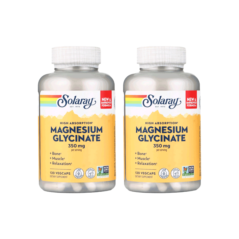 باكج كمل غذائي سولاري م جلايسينات المغنيسيوم 350 مجم عالي الإمتصاص بلأضافة الى علبة مجانية - 120 كبسولة نباتية