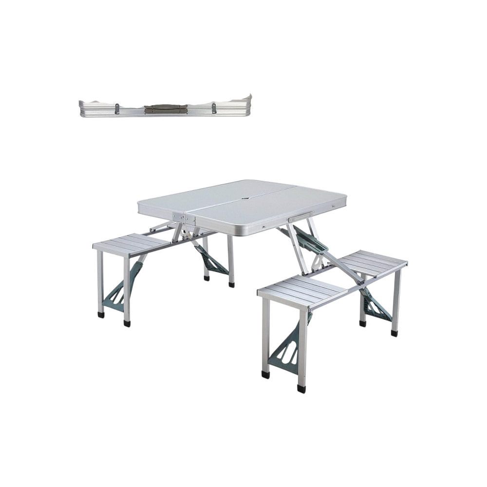 طقم طاولة وكراسي رحلات ألومنيوم بتقنية الحقيبة المحمولة - فضي