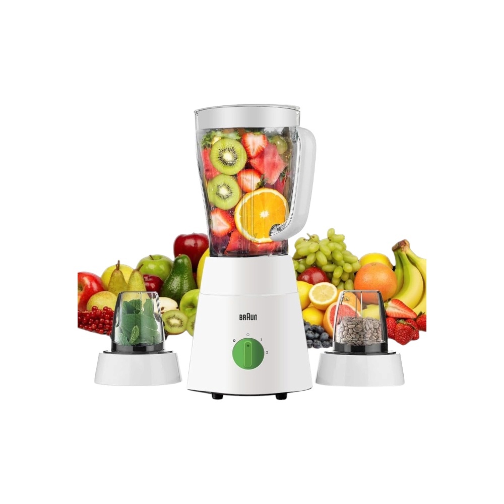 خلاط إبريق 3 في 1 براون مع مفرمة ومطحنة بقوة 500 وات وسعة 1.5 لتر موديل JB0123WH - أبيض