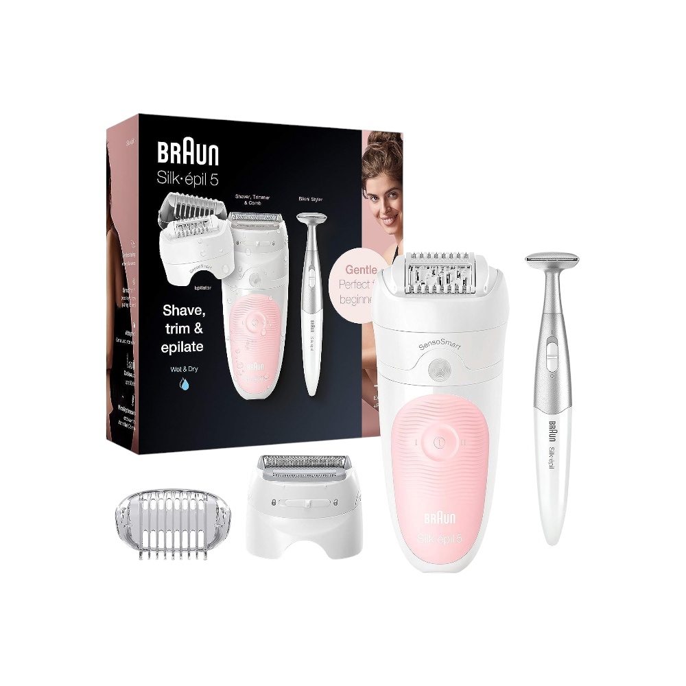 ماكينة إزالة الشعر براون سيلك ابيل 5-820 للاستخدام الجاف والرطب مع أداة تصفيف بيكيني للنساء -أبيض 