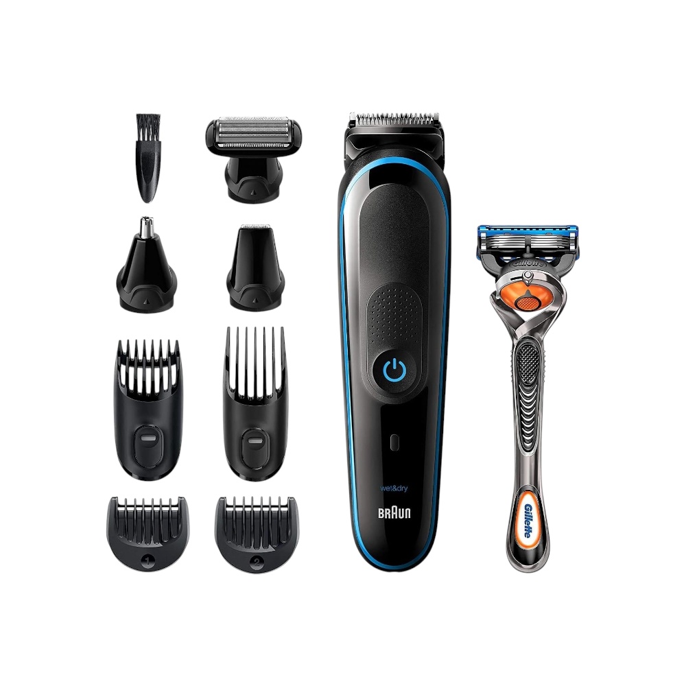 ماكينة حلاقة وتشذيب 9 في 1 براون  5 مع شفرة جيليت فيوجن 5 للرجال - أزرق