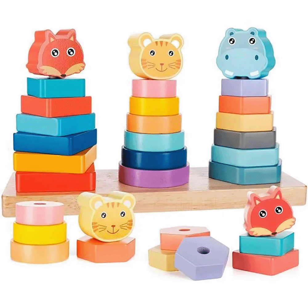 مكعبات مونتيسوري الخشبية لعبة تجميع وتصنيف الأشكال متعددة الألوان - 21 قطعة