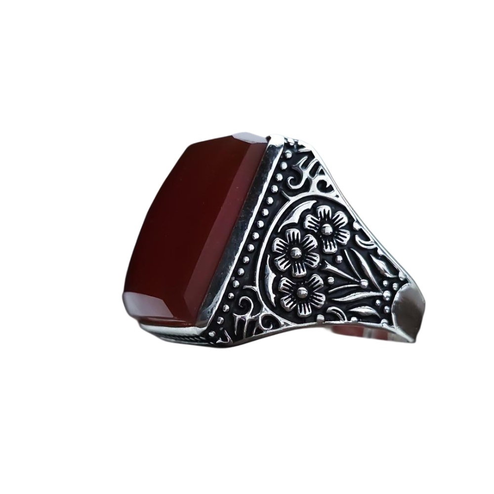 خاتم فضة عيار 925 مع حجر احمر ملكي عقيق يماني طبيعي