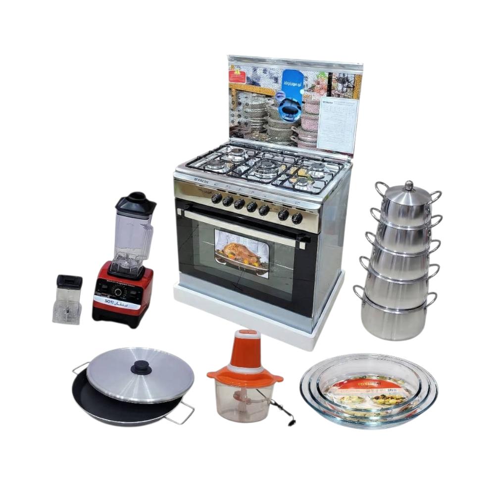 مجموعة المطبخ المتنوعة من طباخ غاز(بوتاجاز) بوتجاز+ طقم قدور 5 حبات ستانلس ستيل + قدر قلاية + خلاط + فرامة + أواني زجاجية