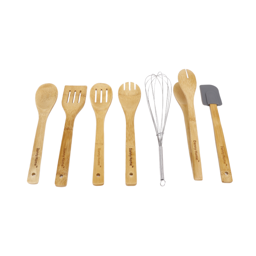 داني هوم طقم ملاعق تحريك طعام خشبية مع حامل سيراميك - 8 قطع 